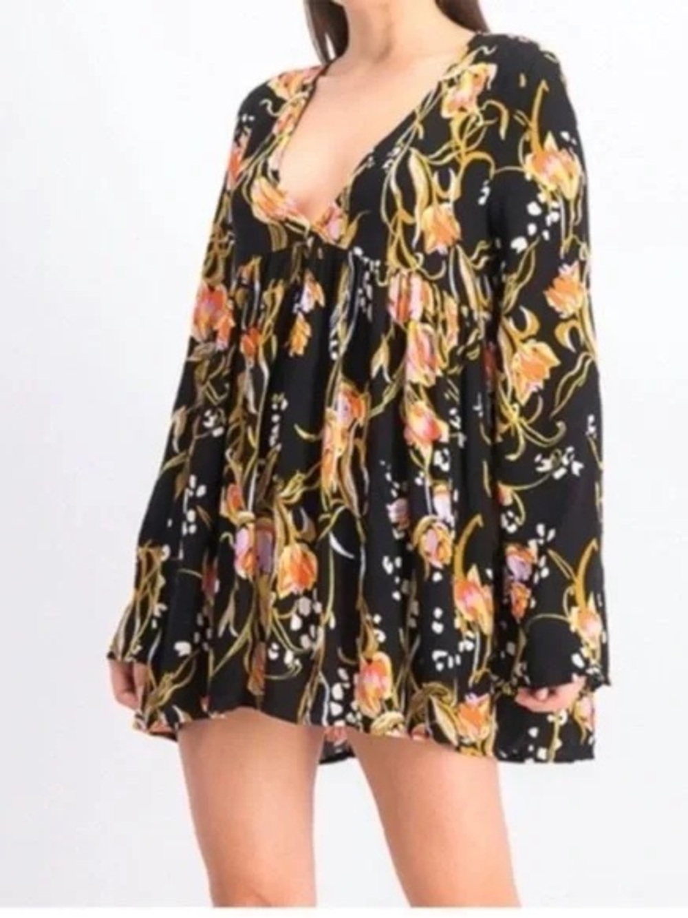 Free People Bella Tunic Mini in Onyx Combo Black Floral Size Small Oversized
